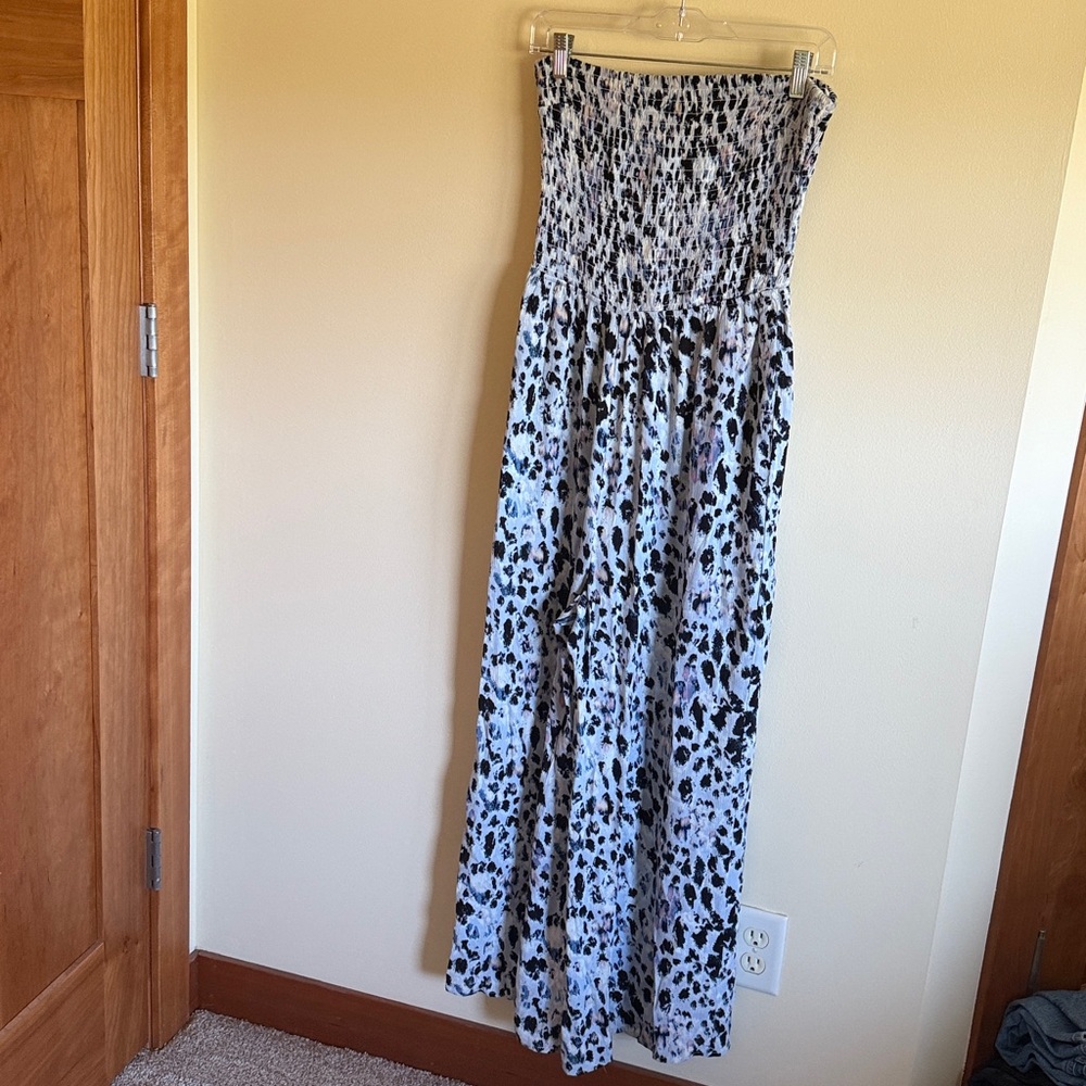 Black, blue, pink, and cream flowy patterned jumpsuit